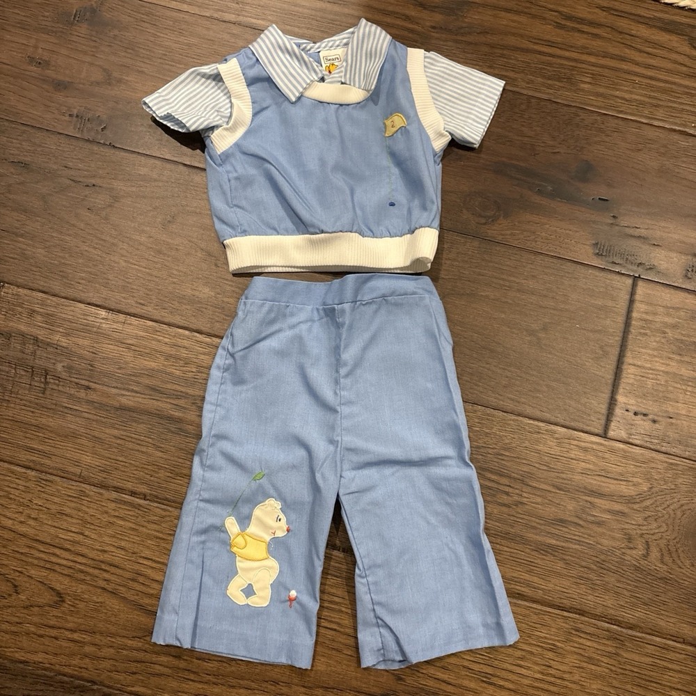 Vtg Sears Winnie The Pooh Bear Newborn Baby Disney 2 Pc Retro Photo Outfit Blue
